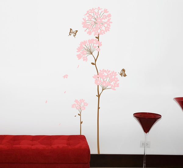Long Stem Large Pink Hydrangea Flower with Butterflies and Flying Petals Peel & Stick Wall Decals