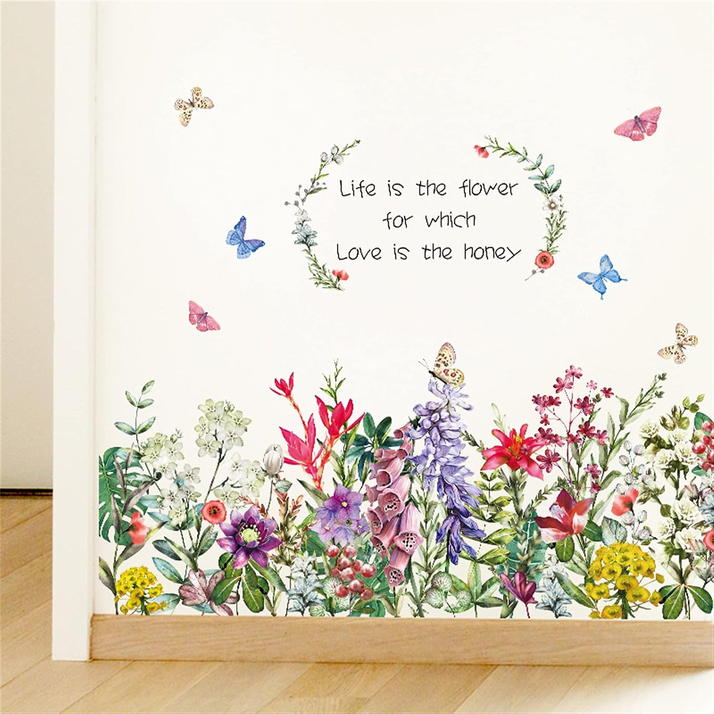 Flower Wall Decals Green Leaves Butterfly Wall Stickers Living Room Bedroom Sofa TV Background Wall Art Decor Murals (Flower Butterfly) size 50x120 ht9013