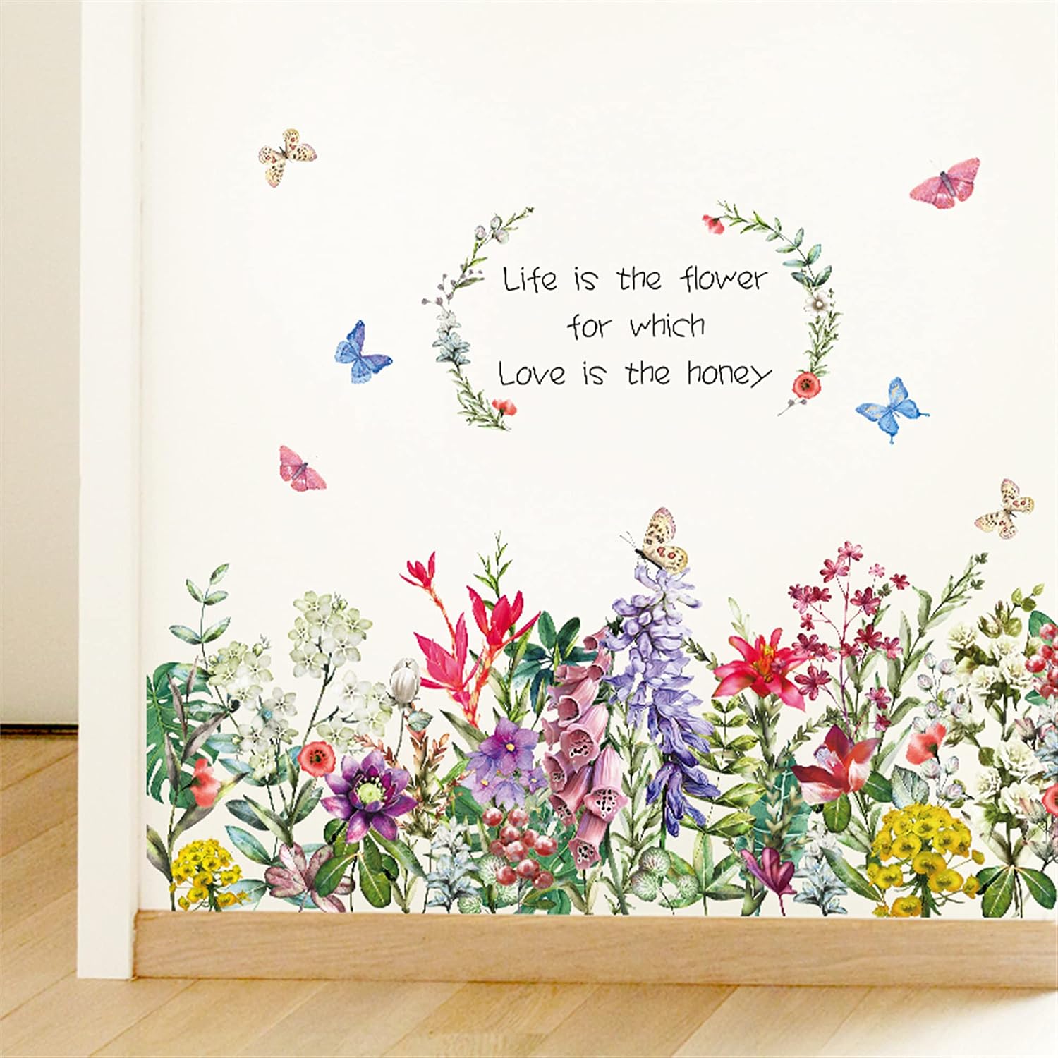 Flower Wall Decals Green Leaves Butterfly Wall Stickers Living Room Bedroom Sofa TV Background Wall Art Decor Murals (Flower Butterfly) size 50x120 ht9013