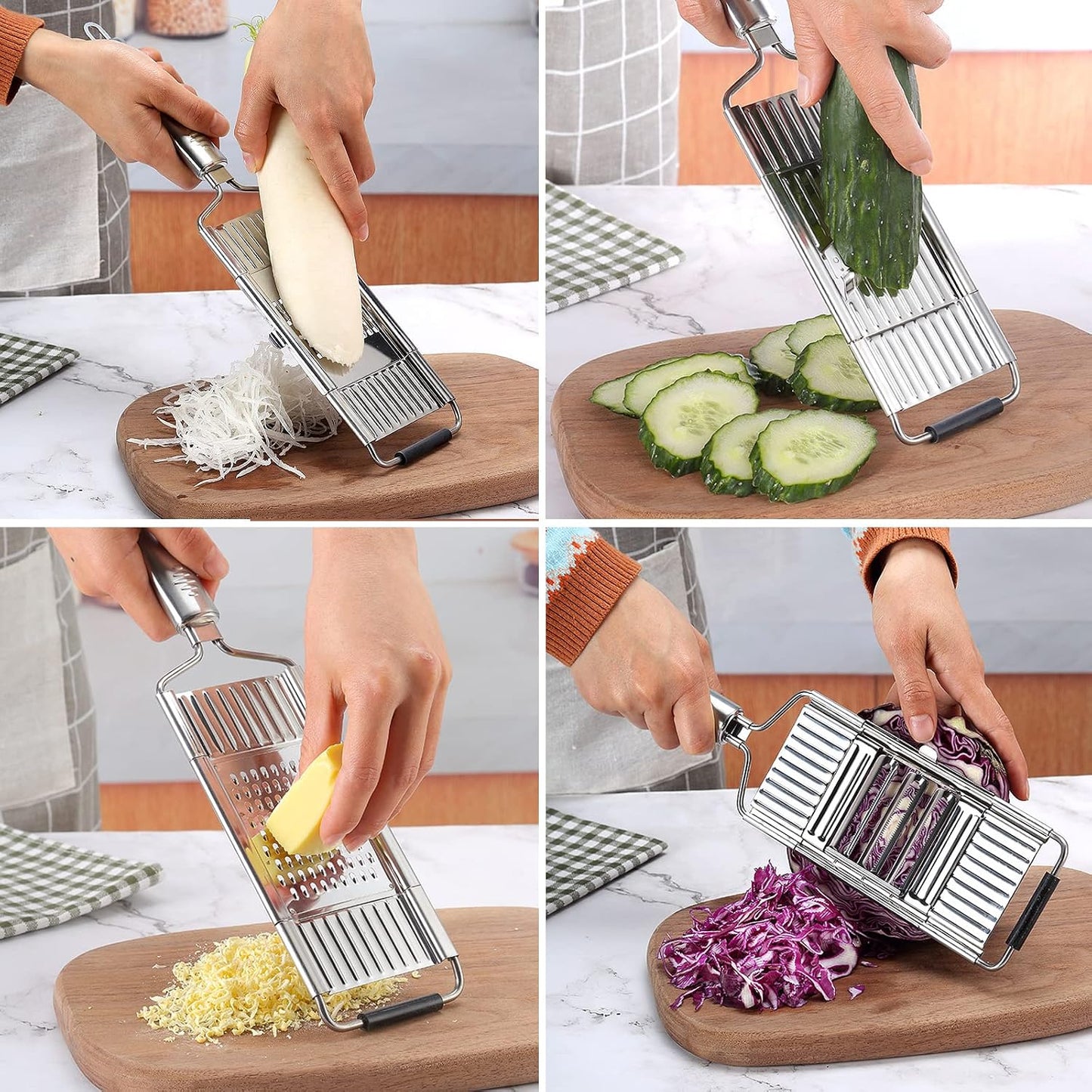 4-in-1 Multifunctional Vegetable Slicer & Grater, Stainless Steel Handheld Food Cutter with Interchangeable Blades for Fruits & Vegetables