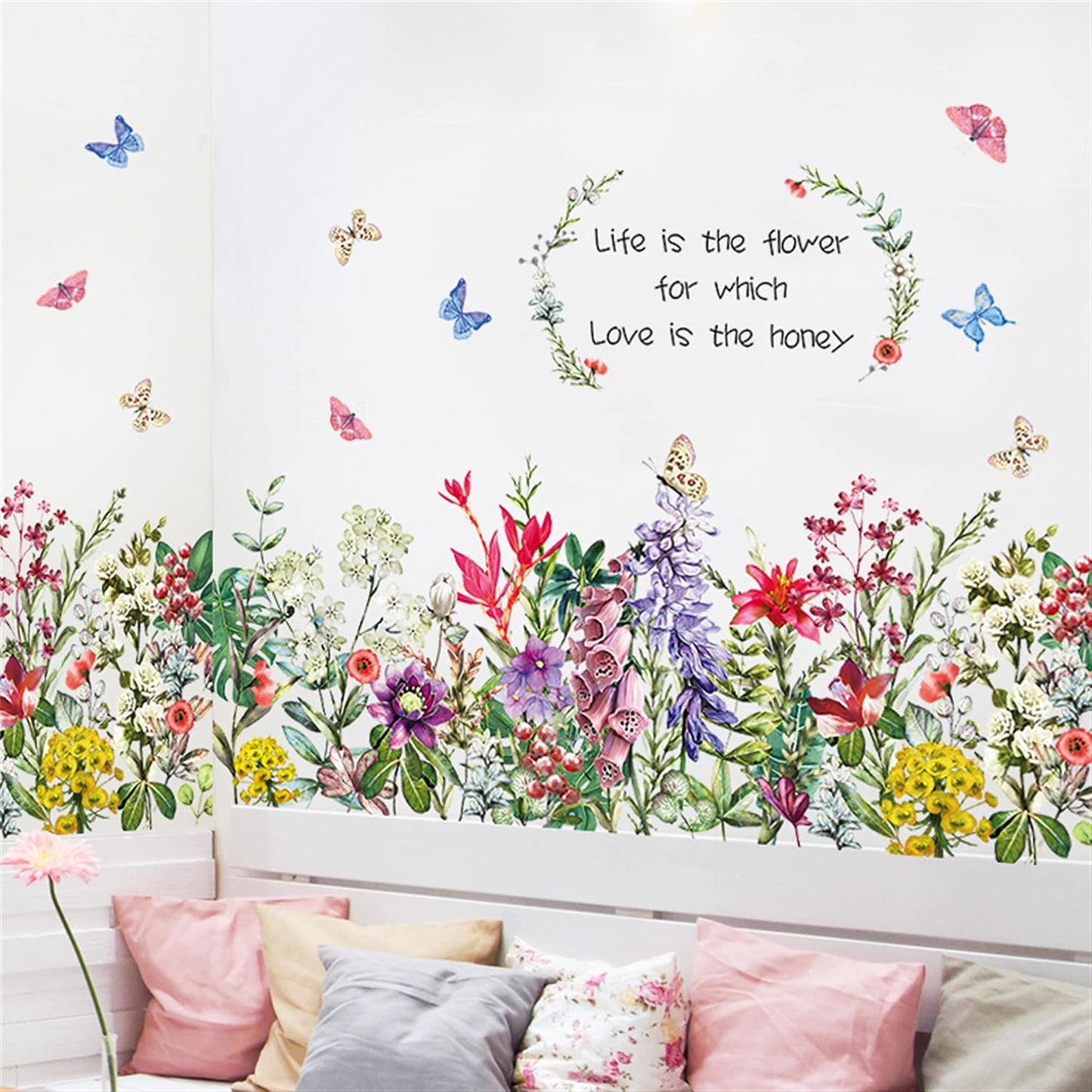 Flower Wall Decals Green Leaves Butterfly Wall Stickers Living Room Bedroom Sofa TV Background Wall Art Decor Murals (Flower Butterfly) size 50x120 ht9013