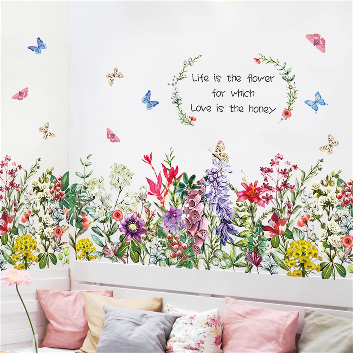 Flower Wall Decals Green Leaves Butterfly Wall Stickers Living Room Bedroom Sofa TV Background Wall Art Decor Murals (Flower Butterfly) size 50x120 ht9013