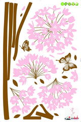 Long Stem Large Pink Hydrangea Flower with Butterflies and Flying Petals Peel & Stick Wall Decals