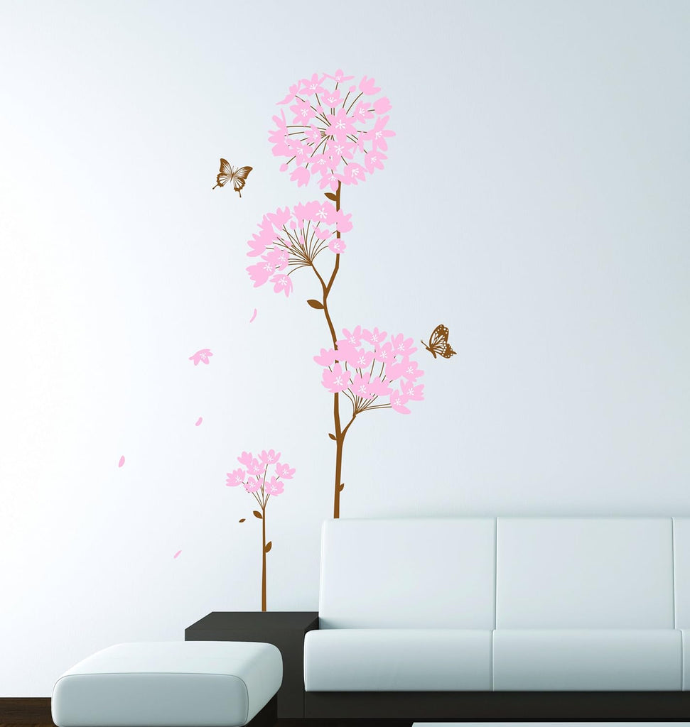 Long Stem Large Pink Hydrangea Flower with Butterflies and Flying Petals Peel & Stick Wall Decals