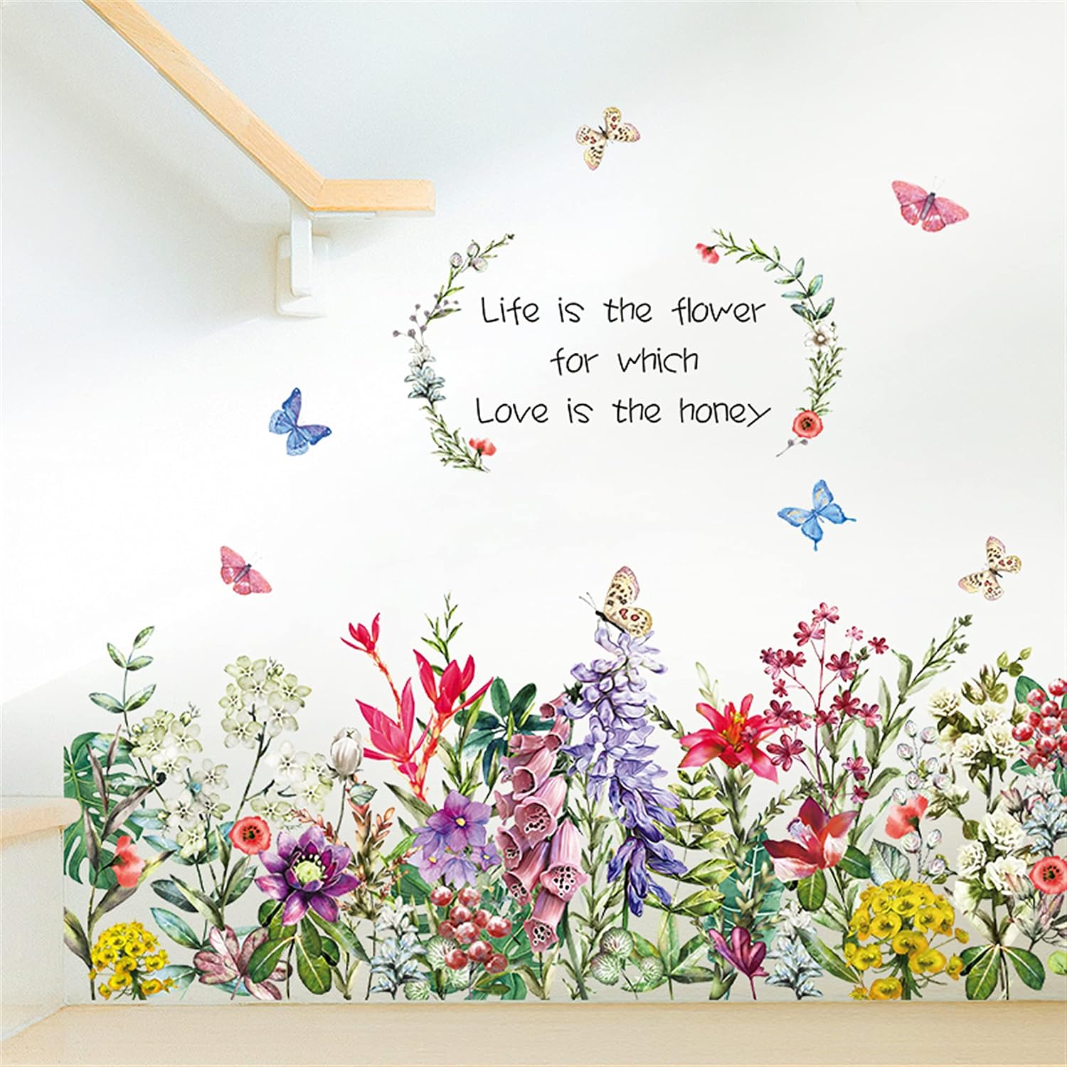 Flower Wall Decals Green Leaves Butterfly Wall Stickers Living Room Bedroom Sofa TV Background Wall Art Decor Murals (Flower Butterfly) size 50x120 ht9013