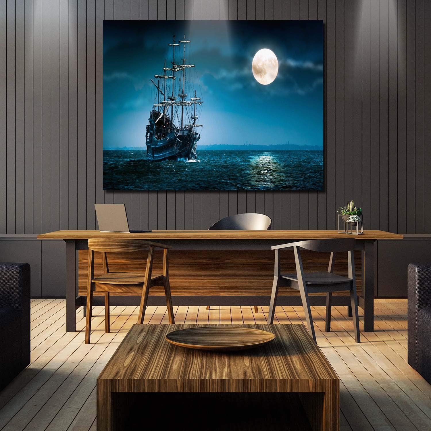 Canvas Wall Art - Night Boat Sailing Marine Moon Pictures - Modern Gallery Wall Decor Giclee Print Stretched and Framed Ready to Han size 70x100 ay8012xl