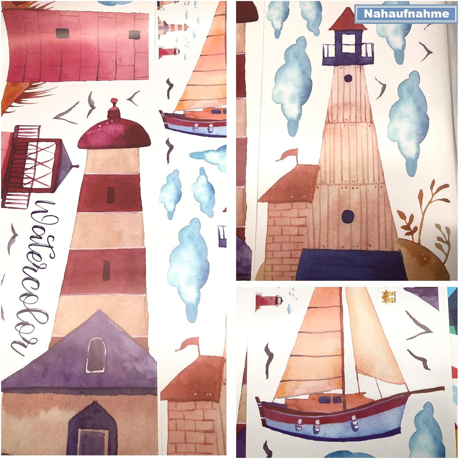 HM92019 Watercolor Lighthouse Wall Stickers Sailing Clouds Wall Sticker