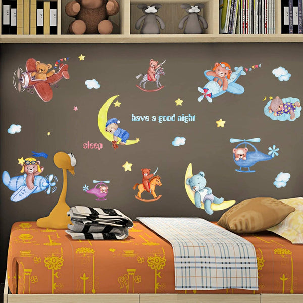 METH HM71012 CUTE BEAR SLEEP N PLANE GOODNIGHT WALLSTICKER WALL STIKER