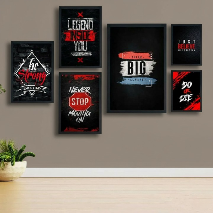 Motivational Wooden Wall Art Frame Set – 6 Pcs Inspirational Quotes | Be Strong, Think Big, Never Stop, Do or Die | Premium Quality Wooden Frames for Home & Office
