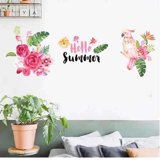 hello summer parrot flower wall stickers for living room kitchen bathroom wall decoration removable art decals mural  JM7351