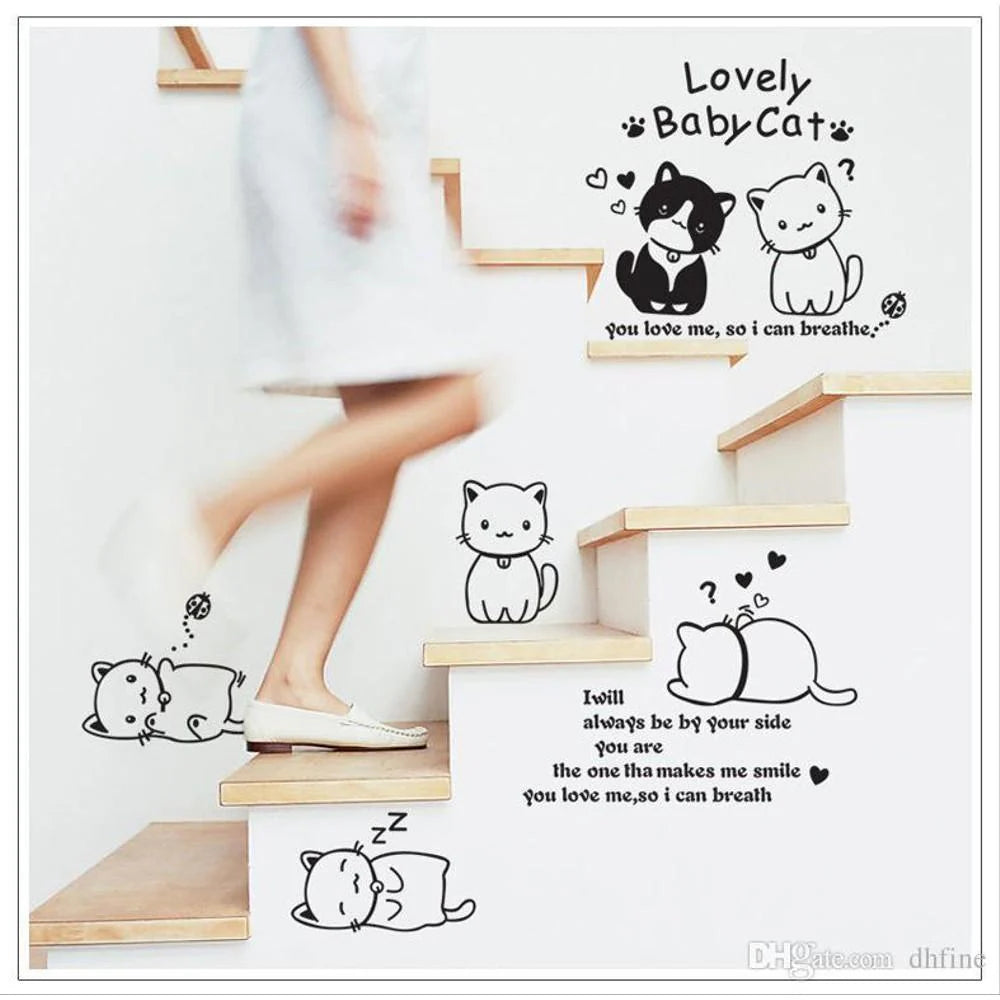Wall Sticker English Letters Lovely Baby Cats Paper Home Decal Removable Wall Vinyl Living Room Bedroom PVC Art Picture Murals Waterproof DIY Stick for Adults Teems Kids Nursery Baby size 60x90 ay9048
