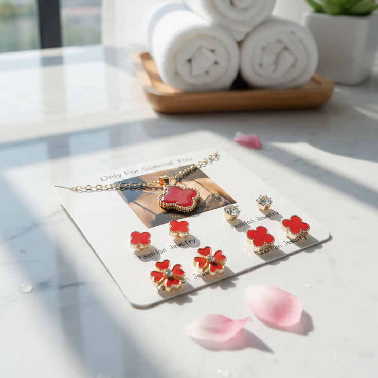 Beautiful 4 Pairs Of Earrings & Necklace Elegant Design Stylish Look Comfortable Wear Durable Quality - Red