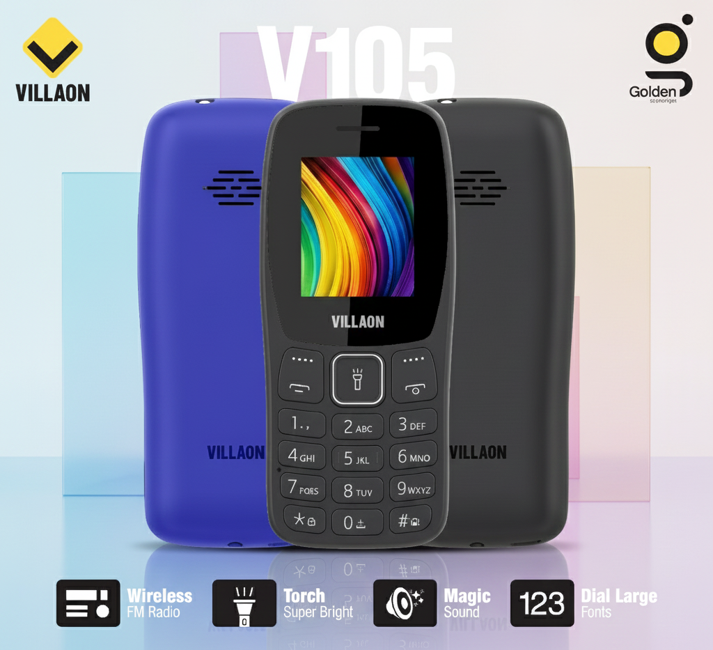 Villaon V105 Dual SIM Feature Phone – Ultra-Bright Torch, Wireless FM Radio, and Large Font Display for Enhanced Accessibility