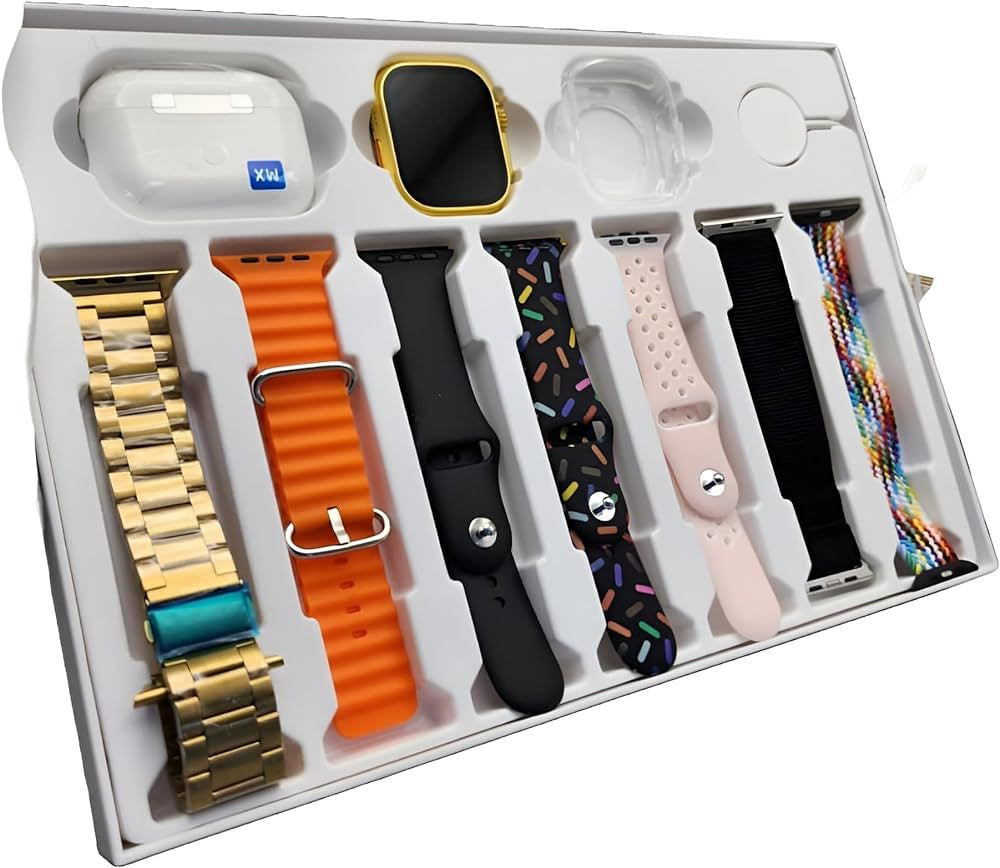 I20 Ultra Max suit Smart Watch 10 in 1 box 2.3inch large  screen with 7 strips smartwatch With Airpords 2 (random color)