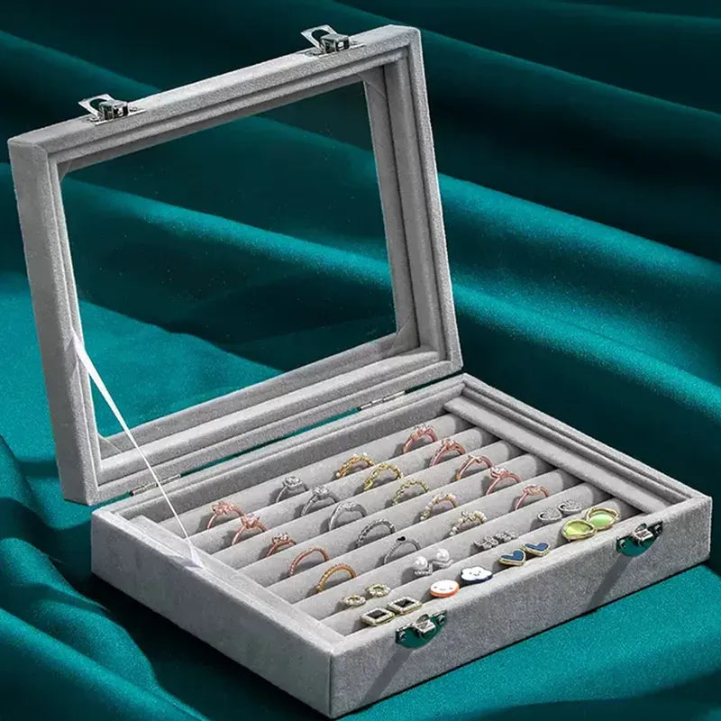 Mistico Velvet Carrying Case with Glass Cover Jewelry Ring Display Box Tray Holder Storage Box Organizer Earrings Bracelet Showcase