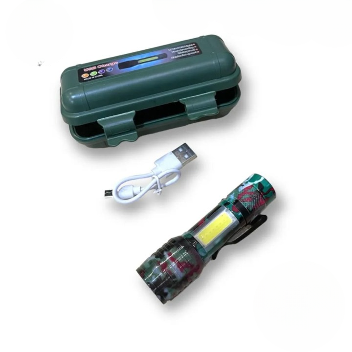 Green Box Zoomable Rechargeable Flashlight Durable Design Adjustable Focus Bright Light Easy Charging For Indoor And Outdoor Use (Random Color)