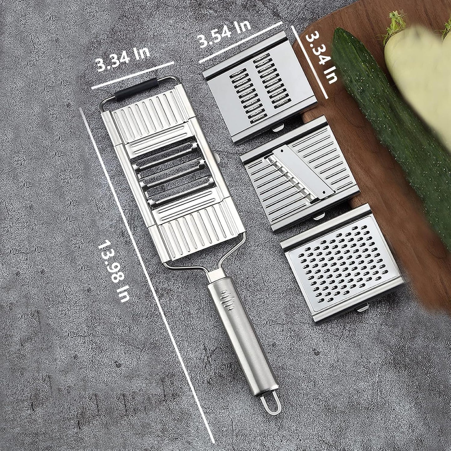 4-in-1 Multifunctional Vegetable Slicer & Grater, Stainless Steel Handheld Food Cutter with Interchangeable Blades for Fruits & Vegetables