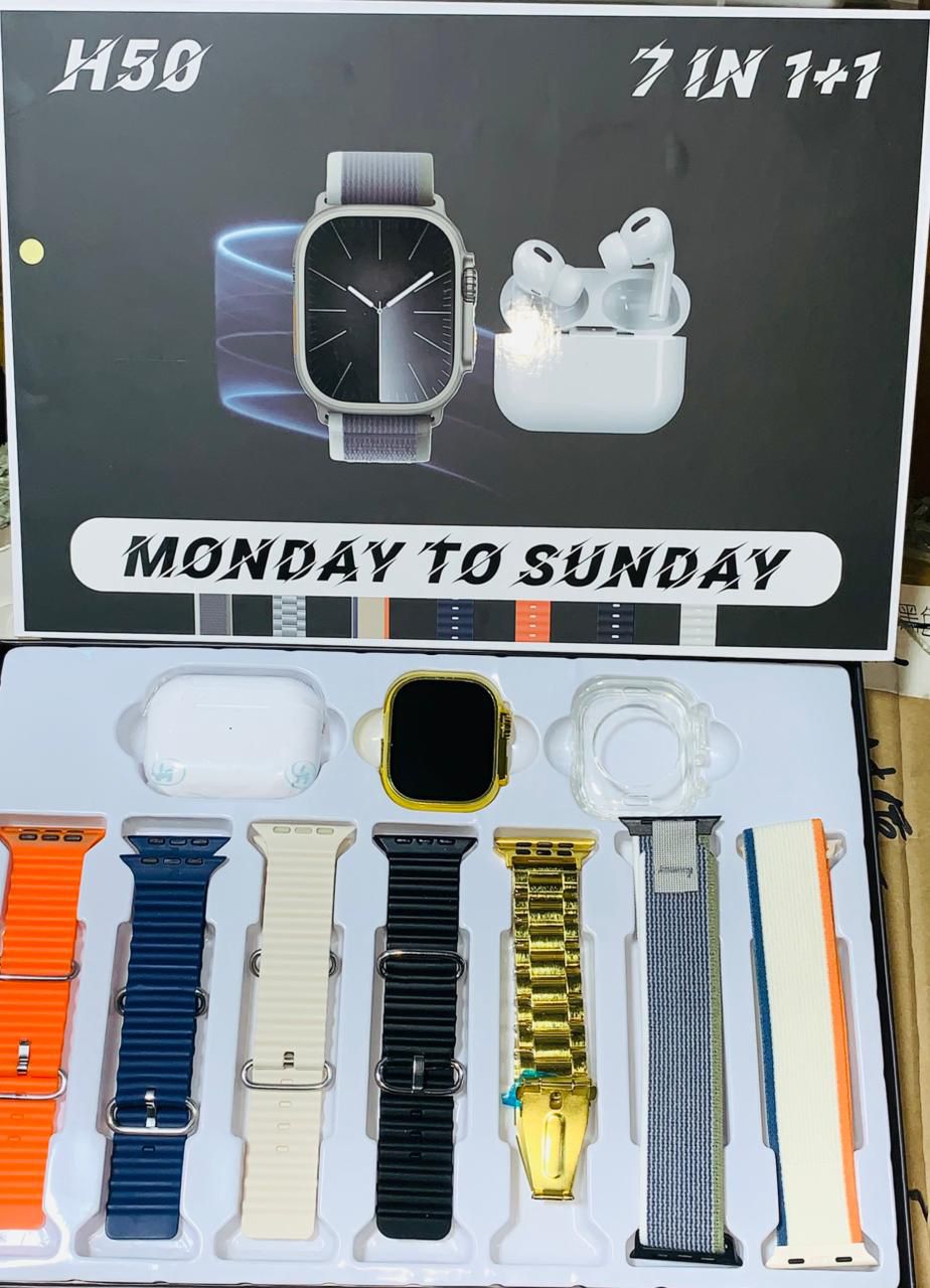 H50 Smart Watch 7?in?1 Set | Golden Design | With AirPods & Accessories