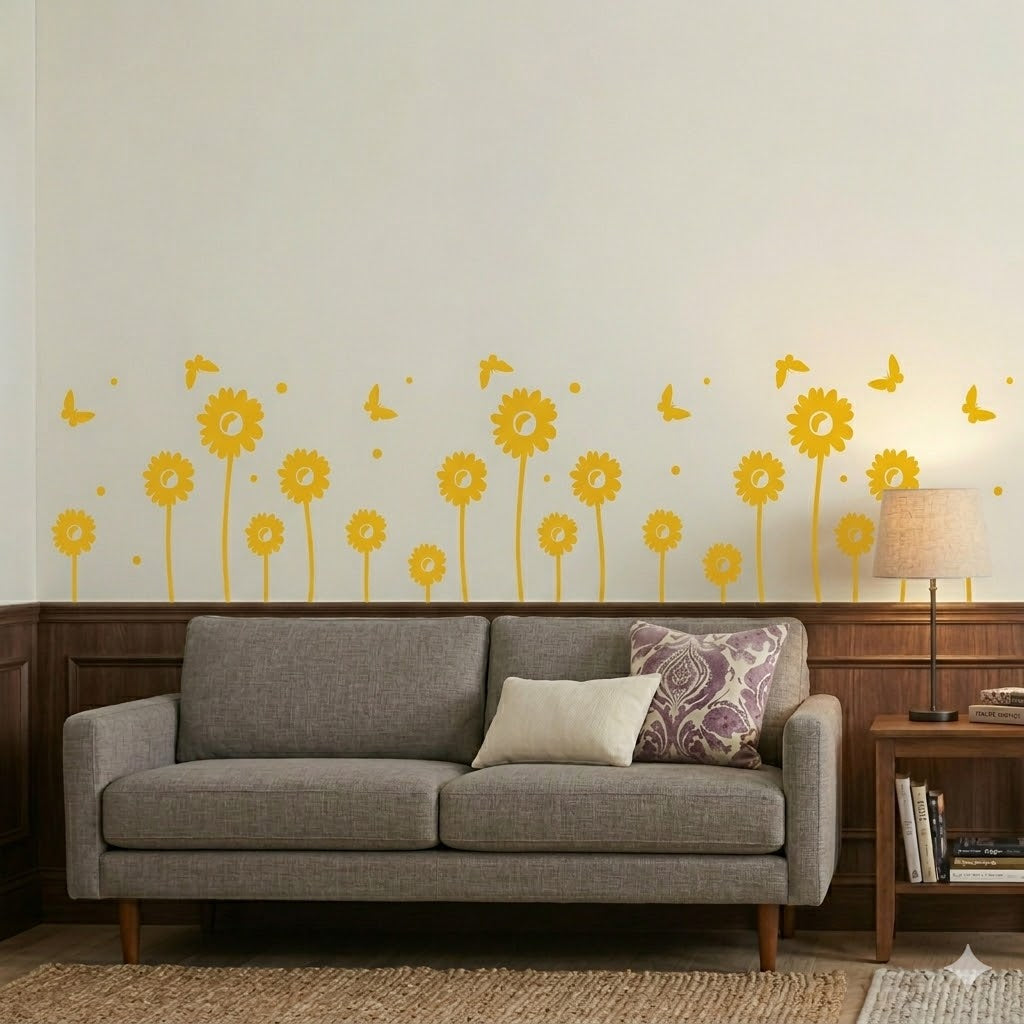 Modern Sunflower Wall Sticker with Flying Butterflies size 22x45