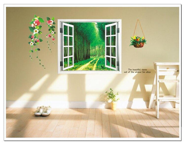 AY914 Lifelike Valley Window Wall Sticker Quality 90*60cm PVC Removable Beautiful Views Decal Vivid Green Forest Wall art Mural