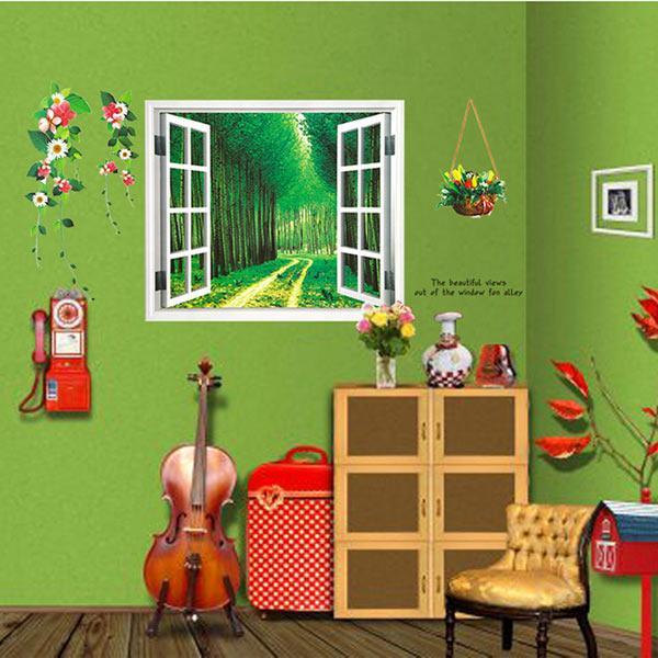 AY914 Lifelike Valley Window Wall Sticker Quality 90*60cm PVC Removable Beautiful Views Decal Vivid Green Forest Wall art Mural