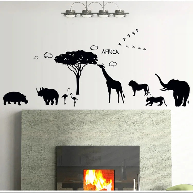 AY9186 African style lion elephant animal wall stickers creative background bar black glass removable,60X90CM sticker