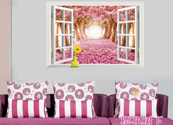 xh0999c cherry tree avenue 3d fake windows landscape green pvc wall sticker Removable wall stickers home decor wall decor