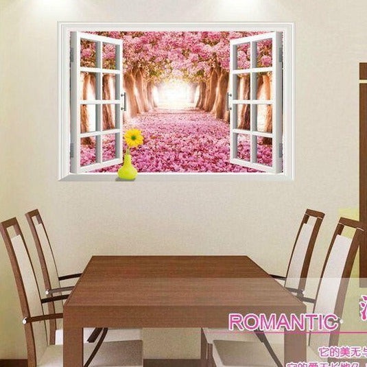 AY9234D cherry tree avenue 3d fake windows landscape green pvc wall sticker Removable wall stickers home decor wall decor