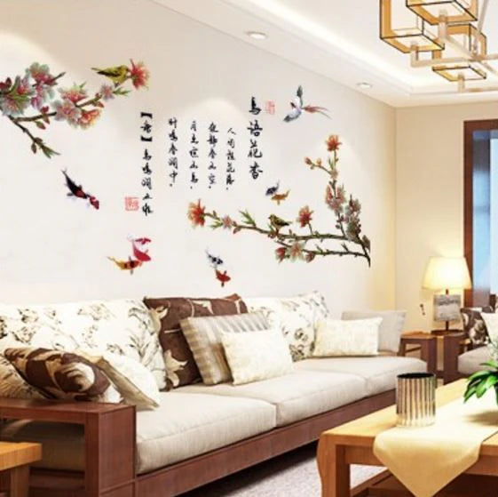 【BestGO】Chinese Style Home Office Decor Wall Stickers Flower Bedroom Living Room Sofa Wall Art Room Decoration Aesthetic Mural Wallpaper size 60x90 xl8140