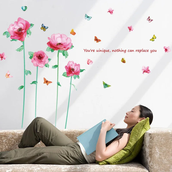 Colorful Butterflies Wall Stickers Red Rose Romantic Blooming Flowers Bedroom Wallpaper Warm Window Decal Home Decor