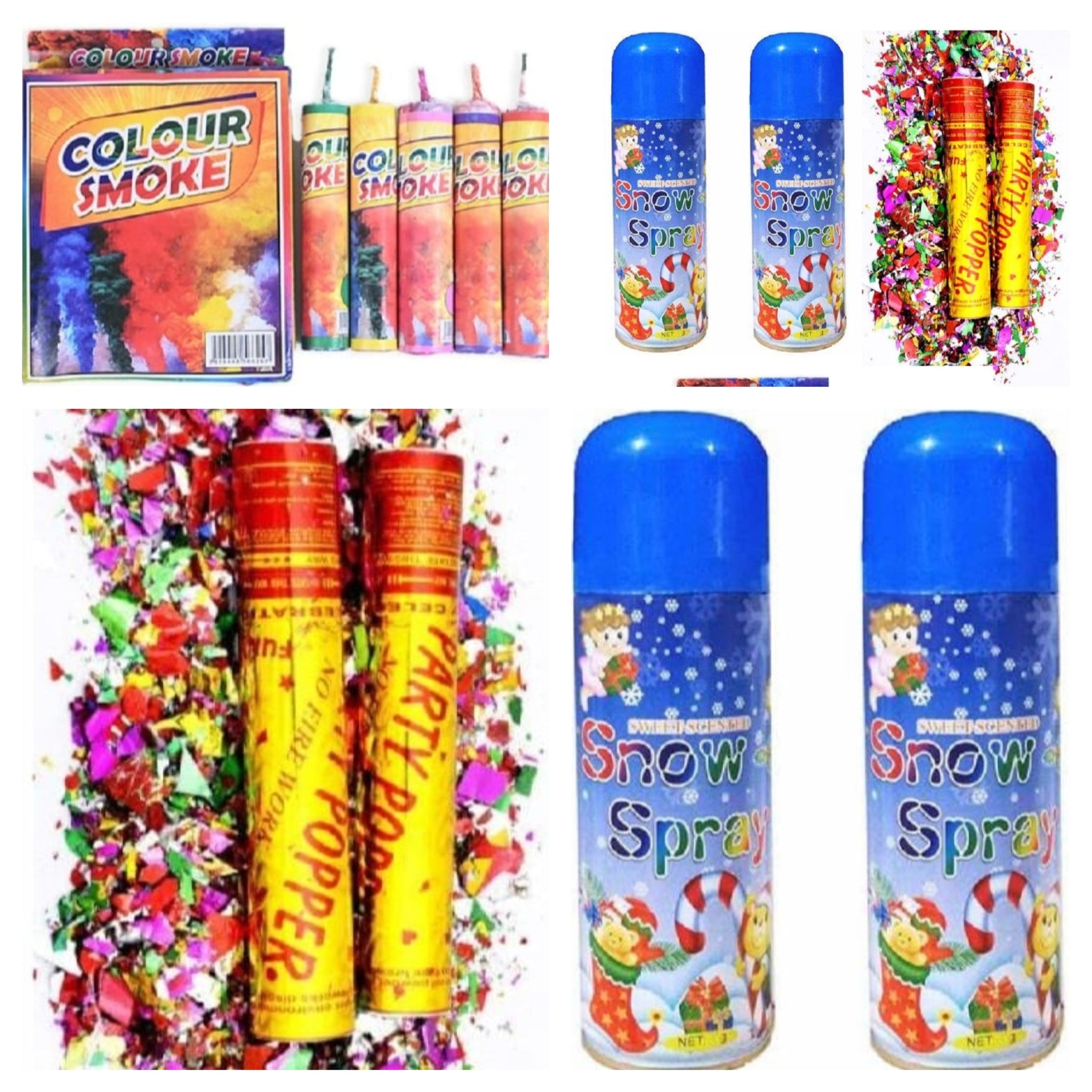 Celebration Combo Pack – 2 Snow Sprays + 2 Party Poppers + 5 Color Smoke Bombs for Birthdays &amp; Parties