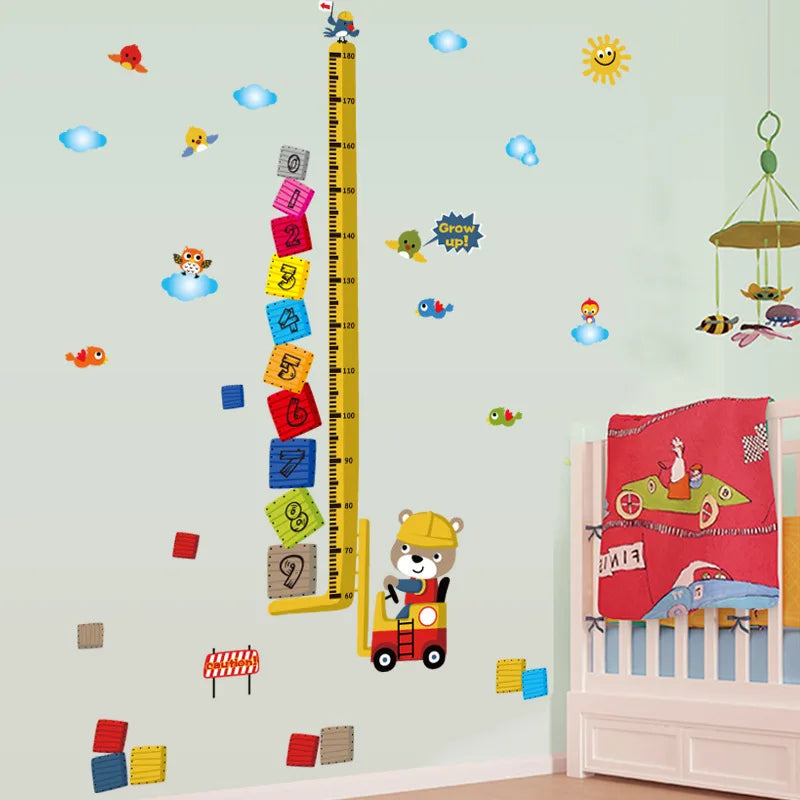 Cartoon Animal Dodge Grow Height Measurement Wall Stickers Arabic Number Blocks Birds Cloud Children Room Decoration