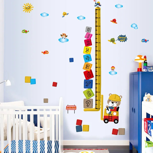 Cartoon Animal Dodge Grow Height Measurement Wall Stickers Arabic Number Blocks Birds Cloud Children Room Decoration