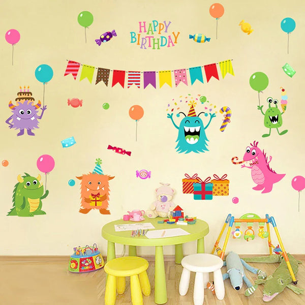 Cartoon Small Monsters Wall Sticker For Kids Room Happy Birthday xl8209
