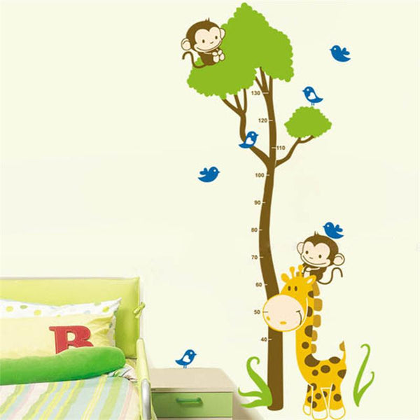 Cartoon animal monkey bird giraffe baby child height measure wall stickers