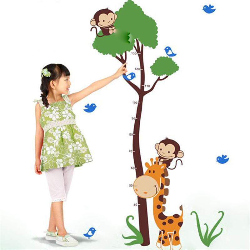 Cartoon animal monkey bird giraffe baby child height measure wall stickers