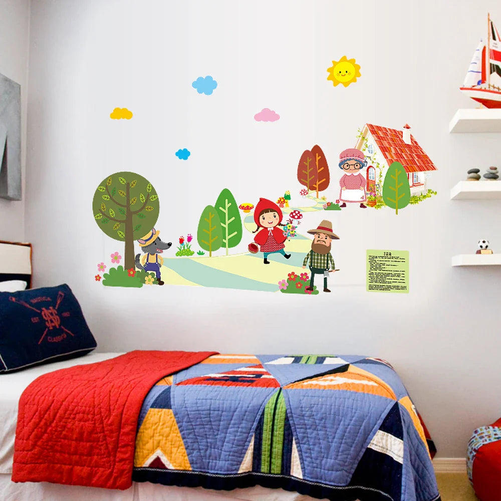 Cartoon wall stickers Little Red Riding Hood and Big Wolf Children's Room Kindergarten Early Learning Story Kid Wall Stickers