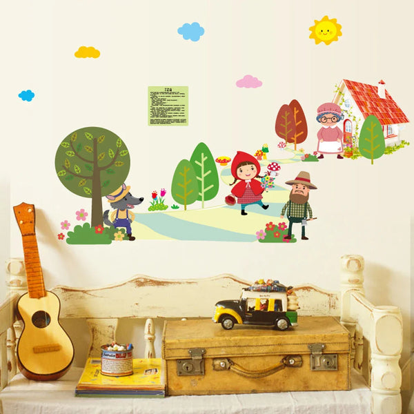 Cartoon wall stickers Little Red Riding Hood and Big Wolf Children's Room Kindergarten Early Learning Story Kid Wall Stickers