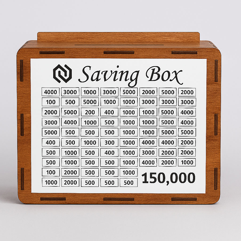 Wooden Saving Box with 3 Stickers (Qurbani, Umrah &amp; Money Saving) – Target Chart Money Bank