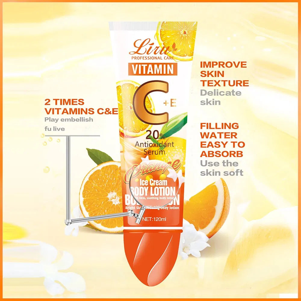 Liru Vitamin C + E 20% Antioxidant Serum Body Lotion – Orange Ice Cream Formula for Bright &amp; Soothing Skin (120ML) - Without Box