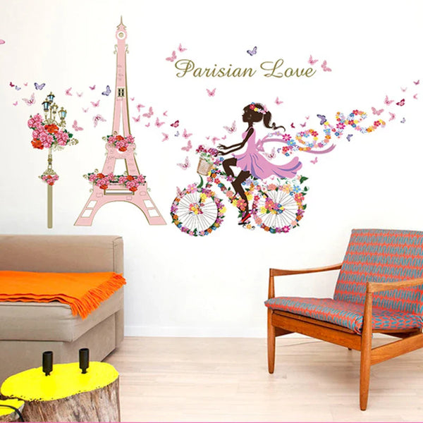 Fashion Girl In Pink Dress Wall Stickers Iron Tower Bicycle Colorful Butterflies Wallpaper For Girl's Living Room