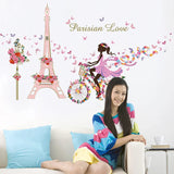 Fashion Girl In Pink Dress Wall Stickers Iron Tower Bicycle Colorful Butterflies Wallpaper For Girl's Living Room