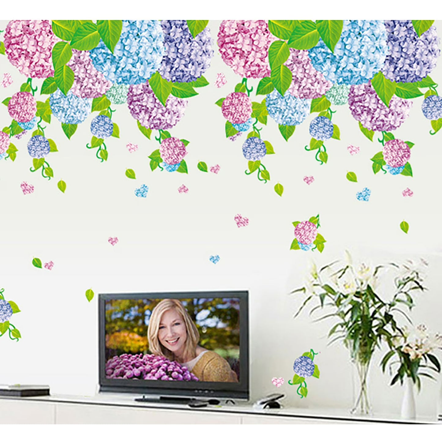 Flowers Deciduous Blue Red Flower ball Wall Decal Sticker - DIY PVC Removable Transparent Film Self-Adhesive Mural Art Wall Decor for Living Room size 50x70 ay7146