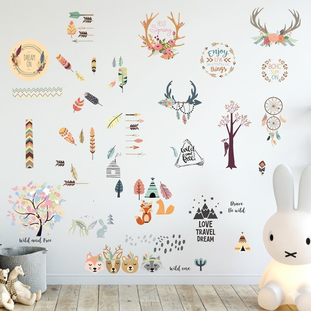 Bohemian Wilderness Kids Wall Decal Set – Tribal Forest Animals & Dreamcatcher Stickers for Nursery size 30x60 nc1031