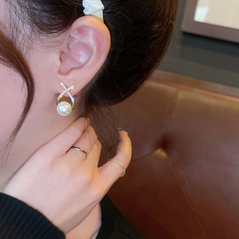 Elegant Golden Cross Pearl Zircon Earings Pearl Stud Earrings Women Personality Fashion Unique Design Earrings | Earrings for Women Fashion | Luxury Look Artificial Earrings | Women Earrings