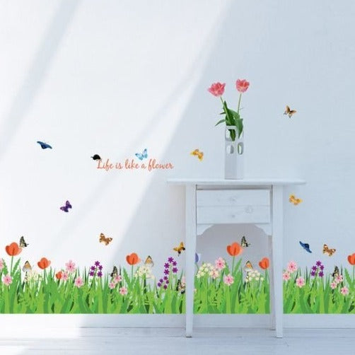 Green Grass Flowers Butterflies Wall Corner Decals Living Room Bedroom Baseboard Skirting Line Wall Stickers Art stiker dinding Wallsticker decalmile SK9057 Size: 30x 90cm