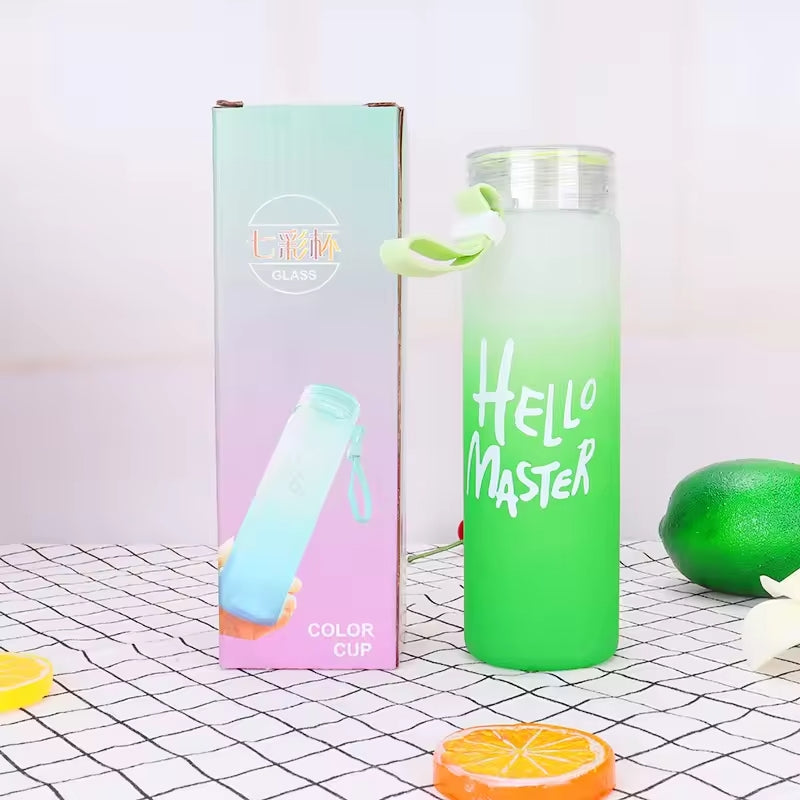 Frosted Glass Water Bottle With Hello Master Decal Logo - 400ml  (Random color)