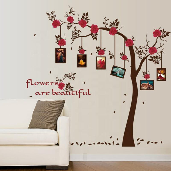 SK9086 New Chic Family Red Flowers Photo Frame Tree Wall Sticker Living Room Decor Room Decals