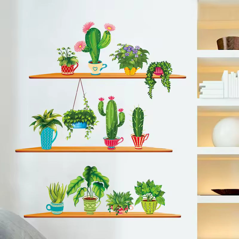 Green Garden Plant Cactus Potted Flower Pot Set 3D DIY Wall Decals/Adhesive Family Wall Sticker Mural Art Bathroom Windows Decor size 60x90 xh9309