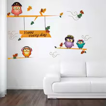 Cute Happy Owls On Tree Wall Sticker For Kids Room Background Decor Decals Child Bedroom Nursery Decoration Cartoon Animal Mural size 30x60 xh3217